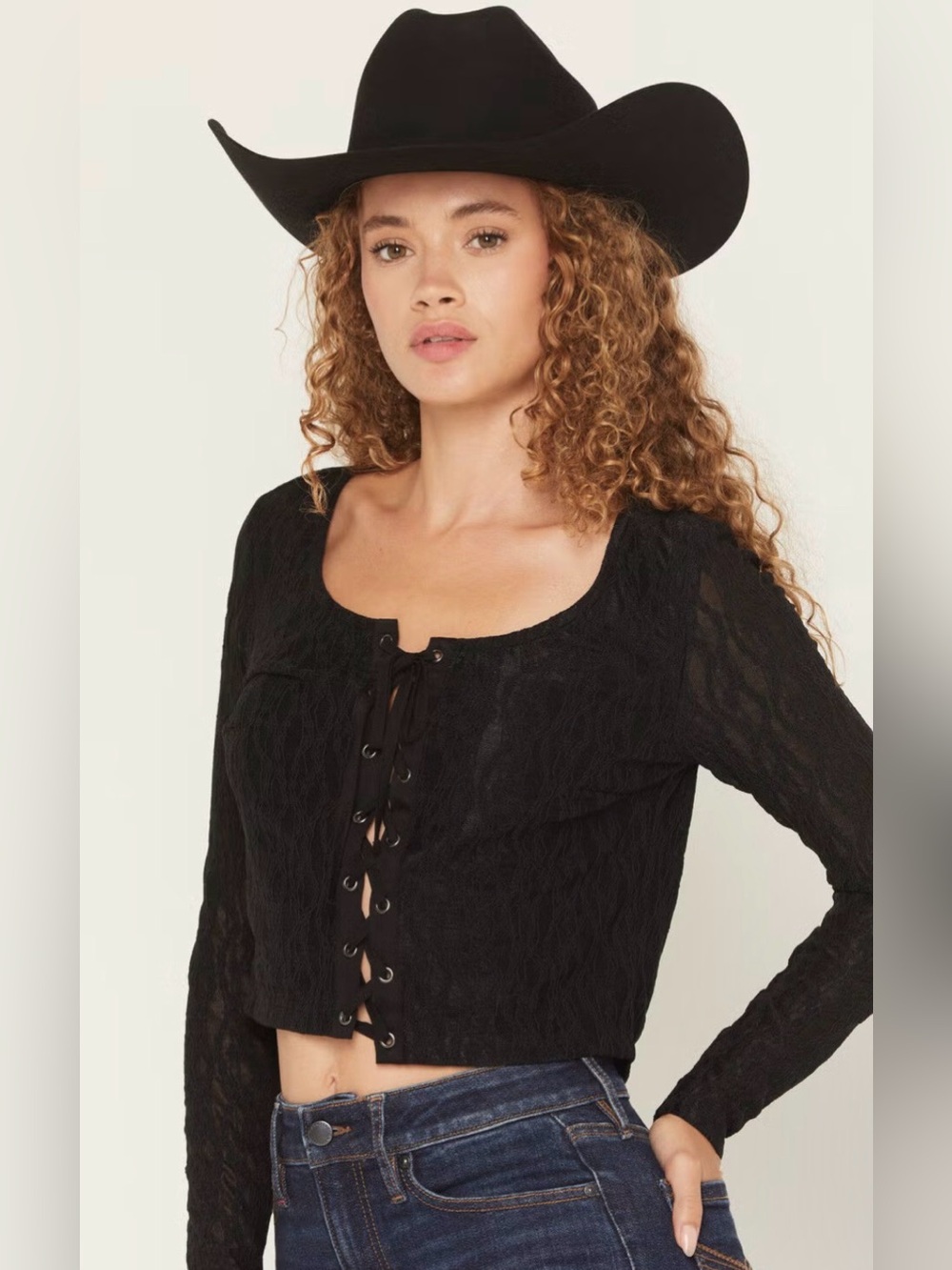 Idyllwind Wind Song Black Lace-Up Long Sleeve Blouse